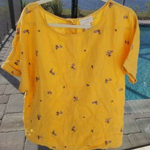 Linen embroidery yellow women blouse top size L